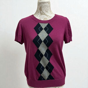 IZOD Women’s Argyle Sweater Short Sleeve Purple Gray Black Cotton Knit Size M